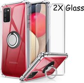 Samsung A02s Hoesje Luxe Backcover - Galaxy A02s Hoesje Metale Ring houder Transparant - Screenprotector 2 Pack Galaxy A20s