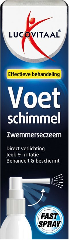 Lucovitaal Voetschimmel spray met "Fast Spray" en "Effectieve behandeling" tekst.