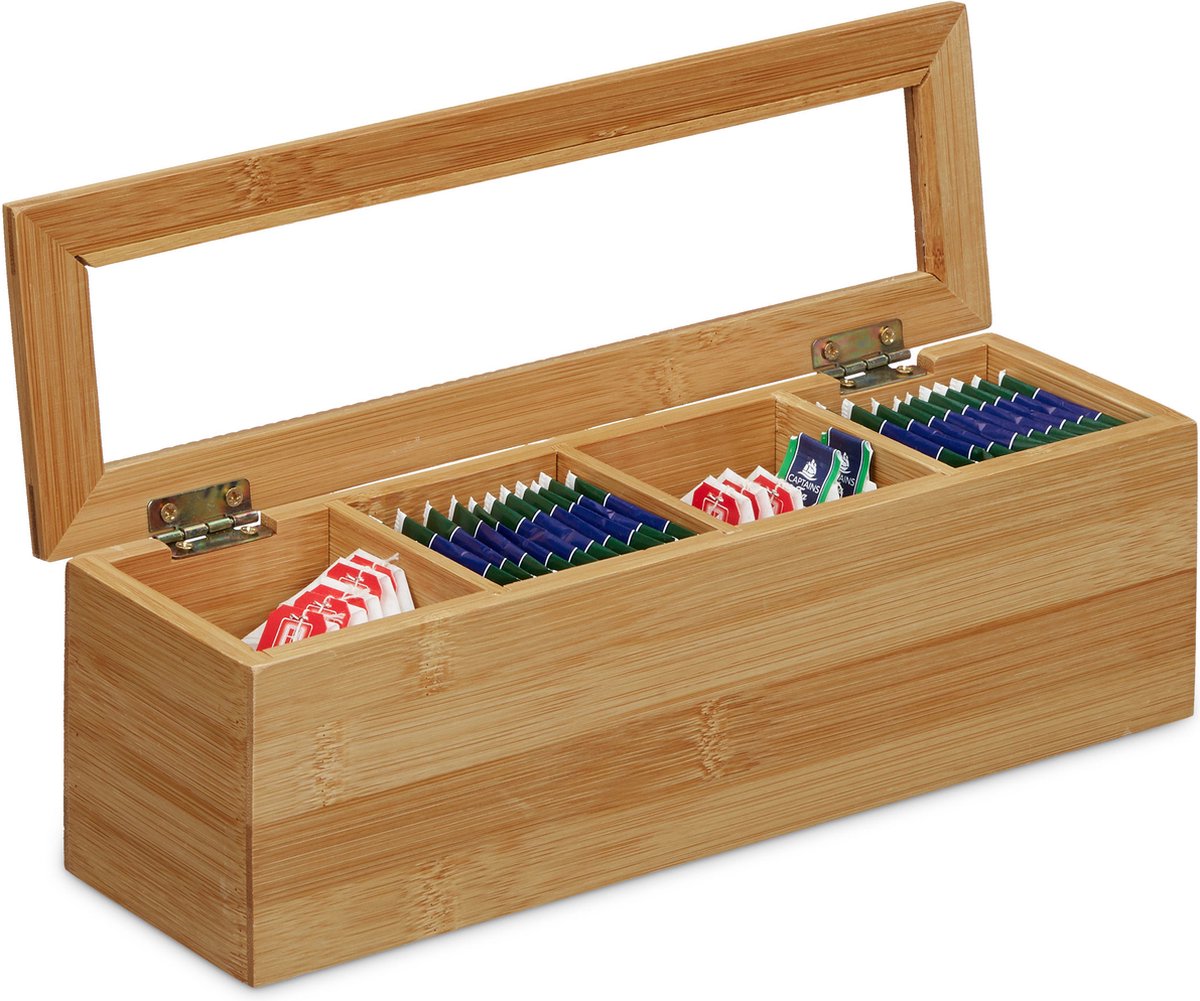 Theebox - bamboe - smal - 4 vaks - 9x30x9cm - doorzichtige deksel - klein