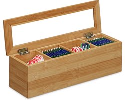 Theebox - bamboe - smal - 4 vaks - 9x30x9cm - doorzichtige d