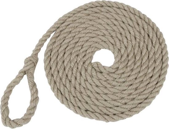 Opgerold touw van hennep, 5 meter lang, met een lus aan het einde.