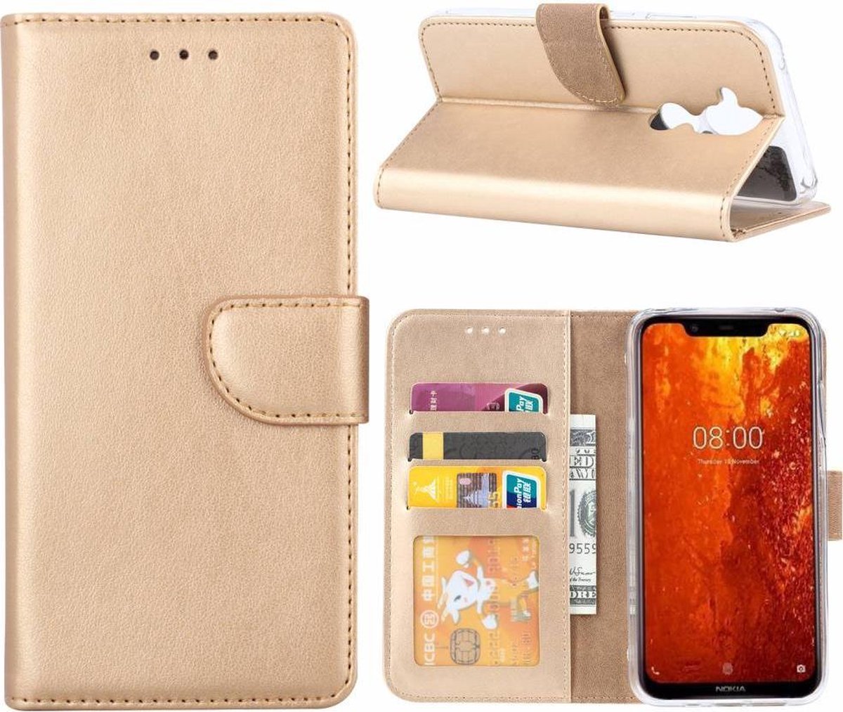 Huawei P30 telefoon hoesje met pasjeshouder Goud - van Bixb