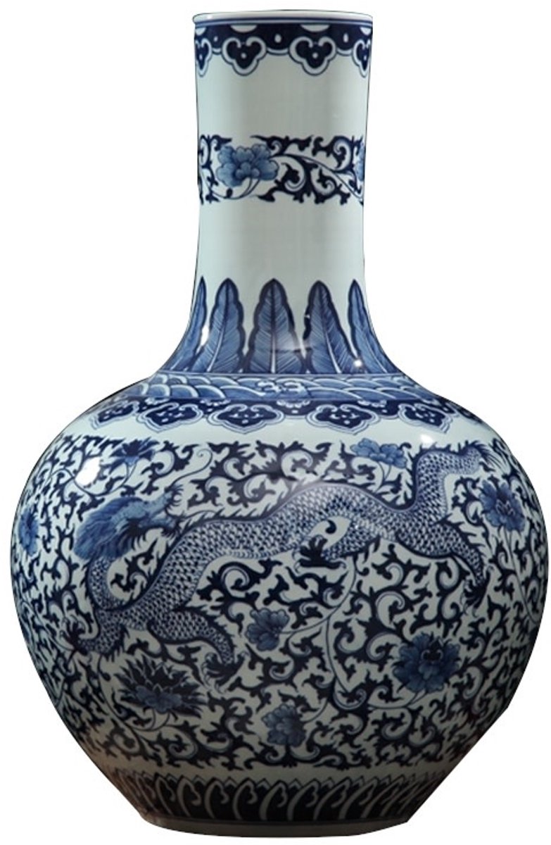 Fine Asianliving Grote Chinese Vaas Blauw Wit Dragon Handbeschilderd D21xH53cm Blauw, Wit
