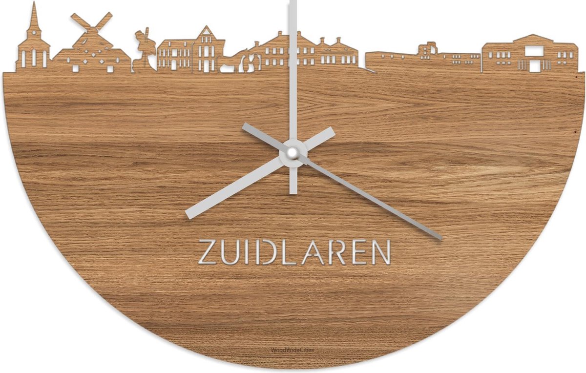 Skyline Klok Zuidlaren Eikenhout - Ø 40 cm - Stil uurwerk - Wanddecoratie - Meer steden beschikbaar - Woonkamer idee - Woondecoratie - City Art - Steden kunst - Cadeau voor hem - Cadeau voor haar - Jubileum - Trouwerij - Housewarming - WoodWideCities