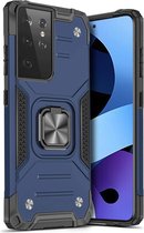 Samsung S21 Ultra Hoesje - Heavy Duty Armor hoesje Blauw - Galaxy S21 Ultra silicone TPU hybride hoesje Kickstand ringhouder met Magnetisch Auto Mount