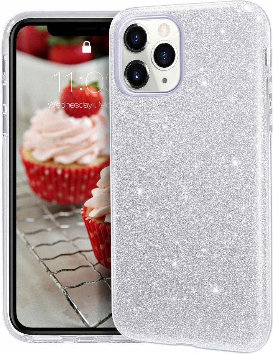 Ntech hoesje Geschikt voor iPhone 11 Pro Max Glitter TPU Back Hoesje - Zilver