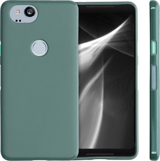 Blauwgroen telefoonhoesje om een Google Pixel 2, van voren en zijkant.