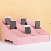 Houten filmstandaard voor mobiele telefoons met meerdere cellen, 60 roosters, afmetingen: 41,7 x 34,5 x 23 cm (roze)
