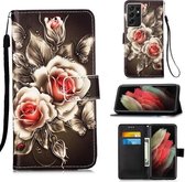 Voor Samsung Galaxy S21 Ultra 5G Gekleurd tekeningpatroon Vlak geweven horizontaal Flip lederen hoesje met houder & kaartsleuf & portemonnee & lanyard (rozen op zwart)