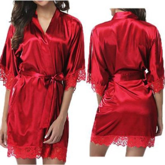 Halve mouw gewaad dames faux zijden pyjama sexy nachtjurk, maat: XXL (rood)-Rood