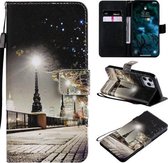 Horizontale leren flip-hoes met houder en kaartsleuf en draagkoord voor iPhone 12 Pro Max (stadsgezicht) schilderen