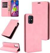 Voor Samsung Galaxy M51 (zijvingerafdruk) Retro-skin zakelijke magnetische zuignap lederen tas met houder & kaartsleuven en portemonnee (roze)