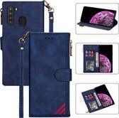 Voor Samsung Galaxy A21 Rits Multi-kaartsleuven Horizontale flip PU lederen tas met houder & kaartsleuven & portemonnee & lanyard & fotolijst (blauw)
