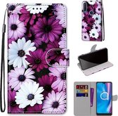 Voor Alcatel 1SE (2020) Gekleurde tekening Cross Texture Horizontale Flip PU lederen tas met houder & kaartsleuven & portemonnee & lanyard (Chrysanthemum Pink White Purple)