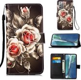 Voor Samsung Galaxy Note20 Gekleurd tekeningpatroon Plain Weave Horizontale flip lederen hoes met houder & kaartsleuf & portemonnee & lanyard (rozen op zwart)