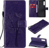 Voor LG G9 Tree & Cat Reliëfpatroon Horizontale Flip Leren Case met Houder & Kaartsleuven & Portemonnee & Lanyard (Paars)