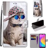 Voor Xiaomi Mi CC9e / A3 Gekleurde Tekening Cross Textuur Horizontale Flip PU Lederen Case met Houder & Kaartsleuven & Portemonnee & Lanyard (Slant Hat Blue Mirror Cat)