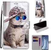 Voor Xiaomi Mi 10 5G Gekleurde tekening Cross Texture Horizontale Flip PU lederen tas met houder & kaartsleuven & portemonnee & lanyard (Slant Hat Blue Mirror Cat)