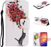 Voor Xiaomi Redmi Note 7 Gekleurd tekeningpatroon Horizontaal Flip TPU + PU lederen tas met houder & kaartsleuven & portemonnee & lanyard (kat en vlinders)