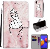 Voor Samsung Galaxy A01 Core Gekleurde Tekening Cross Textuur Horizontale Flip PU Lederen Case met Houder & Kaartsleuven & Portemonnee & Lanyard (Pink Hands Than Hearts)