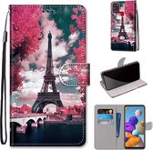 Voor Samsung Galaxy A21s Gekleurde Tekening Cross Textuur Horizontale Flip PU Lederen Case met Houder & Kaartsleuven & Portemonnee & Lanyard (Pink Flower Tower Bridge)