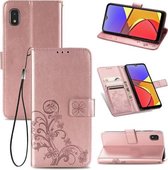 Voor Samsung Galaxy A21 (JP-versie) Vierbladige sluiting Reliëfgesp Mobiele telefoonbescherming Leren tas met lanyard & kaartsleuf & portemonnee & beugelfunctie (roségoud)