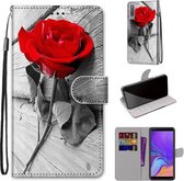 Voor Samsung Galaxy A7 2018 Gekleurde Tekening Cross Textuur Horizontale Flip PU Lederen Case met Houder & Kaartsleuven & Portemonnee & Lanyard (Rode Roos Op Houten)