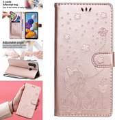 Voor Samsung Galaxy A21 Kat Bee Embossing Patroon Schokbestendig Horizontaal Flip Leren Hoesje met Houder & Kaartsleuven & Portemonnee (Rose Goud)