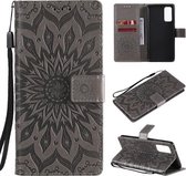 Voor Samsung Galaxy S20 FE Geperst Afdrukken Zonnebloempatroon Horizontale Flip PU-lederen Case met Houder & Kaartsleuven & Portemonnee & Lanyard (Grijs)