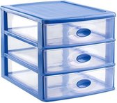 Ladeblok/bureau organizer met 3x lades blauw/transparant - L35,5 x B27 x H27 - Opruimen/opbergen laatjes