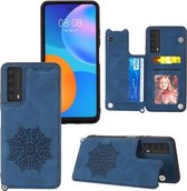 Voor Huawei Y7a Mandala reliëf PU + TPU hoesje met houder & kaartsleuven & fotolijst & riem (blauw)