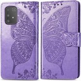 Voor Galaxy A91 Butterfly Love Flower Reliëf Horizontale Flip Leren Case met Beugel / Kaartsleuf / Portemonnee / Lanyard (Lichtpaars)