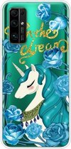 Voor Huawei Honor 30 schokbestendig geverfd transparant TPU beschermhoes (blauwe bloem eenhoorn)