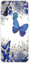 Voor Samsung Galaxy A11 gekleurd tekeningpatroon zeer transparant TPU beschermhoes (paarse vlinder)
