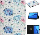 Voor Huawei MediaPad M5 lite 10.1 Bloempatroon Horizontale Flip Leren Case met Kaartsleuven & Houder (Blauwe Bloem Op Wit)