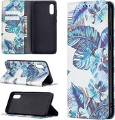 Voor Samsung Galaxy A02 Gekleurde tekening patroon onzichtbare magnetische horizontale flip PU lederen tas met houder & kaartsleuven & portemonnee (blauwe bladeren)