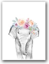 Kinderkamer decoratie schilderij schattig dierenkop met bloem frameloze schilderij kern, afmeting: 40x50cm (olifant)