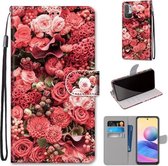 Voor Geschikt voor Xiaomi Redmi Note 10 5G Gekleurde Tekening Cross Textuur Horizontale Flip PU Lederen Case met Houder & Kaartsleuven & Portemonnee & Lanyard (Pink Rose Garden)