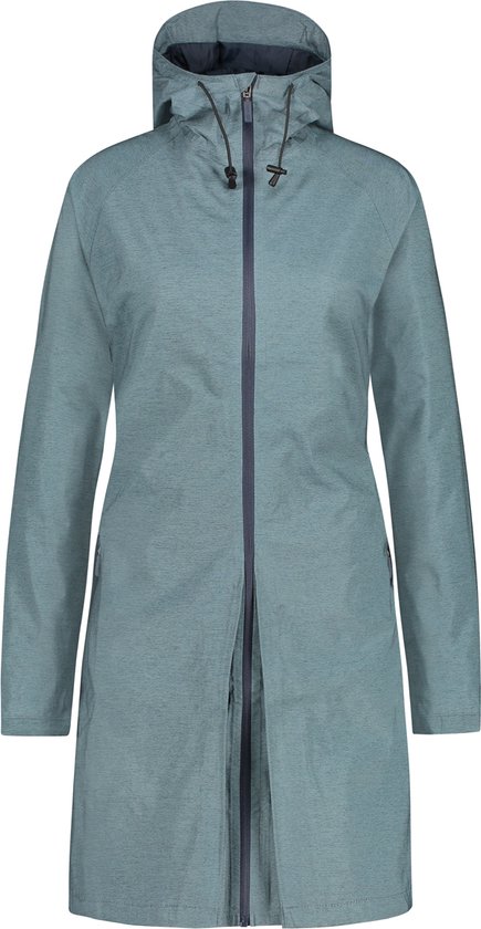 Une longue veste bleu-gris à capuche et fermeture éclair, montrée sur fond blanc.