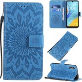 Voor Huawei Enjoy 10e Geperst Afdrukken Zonnebloempatroon Horizontale Flip PU-lederen Case met Houder & Kaartsleuven & Portemonnee & Lanyard (Blauw)