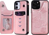 Vlinder reliëfpatroon schokbestendig beschermhoes met houder & kaartsleuven en fotolijst voor iPhone 12/12 Pro (roségoud)