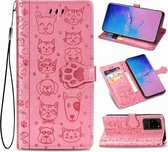 Voor Galaxy S20 Ultra Leuke Kat en Hond Reliëf Horizontale Flip PU Leren Case met Houder / Kaartsleuf / Portemonnee / Lanyard (Roze)
