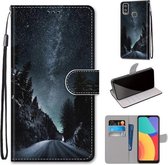Voor Alcatel 1L (2021) Gekleurde tekening Cross Texture Horizontale Flip PU lederen tas met houder & kaartsleuven & portemonnee & lanyard (Mountain Road Starry Sky)