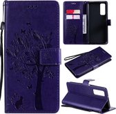 Voor Huawei P Smart 2021 Boom & Kat Patroon Geperst Afdrukken Horizontale Flip PU Leren Case met Houder & Kaartsleuven & Portemonnee & Lanyard (Paars)