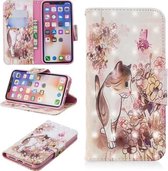 Horizontaal lederen flip-hoesje met 3D-kleurentekeningpatroon voor iPhone X & XS, met houder en kaartsleuven en portemonnee (kat)