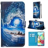 Voor Galaxy A71 Gekleurd Tekening Patroon Plain Weave Horizontale Flip Leren Case met Houder & Kaartsleuf & Portemonnee & Lanyard (Golven en Zon)