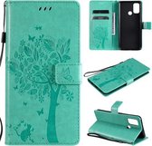 Voor OPPO A53 (2020) / A32 Tree & Cat Pattern Pressed Printing Horizontale flip PU lederen tas met houder & kaartsleuven & portemonnee & lanyard (groen)