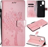 Voor OnePlus Nord N10 5G Tree & Cat Pattern Pressed Printing Horizontale Flip PU lederen hoes met houder & kaartsleuven & portemonnee & lanyard (roségoud)