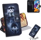 Voor Galaxy A21 3D Gekleurde Tekening Horizontale Flip Leren Case met Houder & Kaartsleuf & Portemonnee (Wolf en Hond)