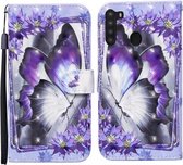 Voor Samsung Galaxy A21 Gekleurde Tekening Patroon Horizontale Flip Leren Case met Houder & Kaartsleuven & Portemonnee (Paarse Bloem Vlinder)